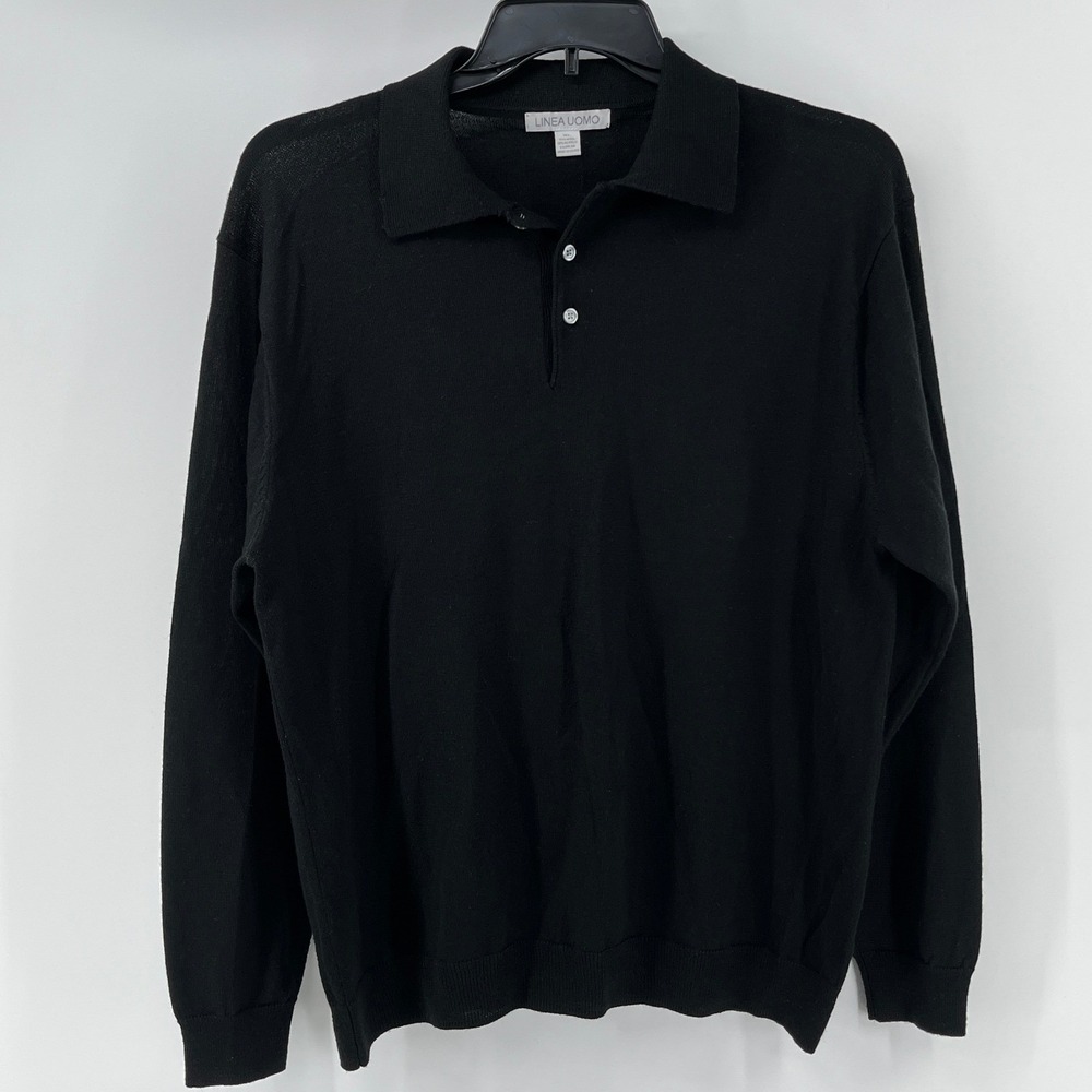 Linea Uomo. Polo Sweater, Mens, XL, Black, Wool Blend Knit Long Sleeve
